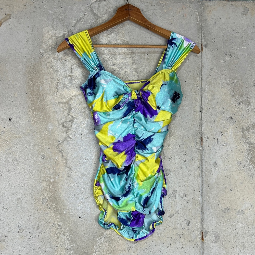 Vintage 90s Esther Williams one piece blue purple yellow abstract ruched 10/med